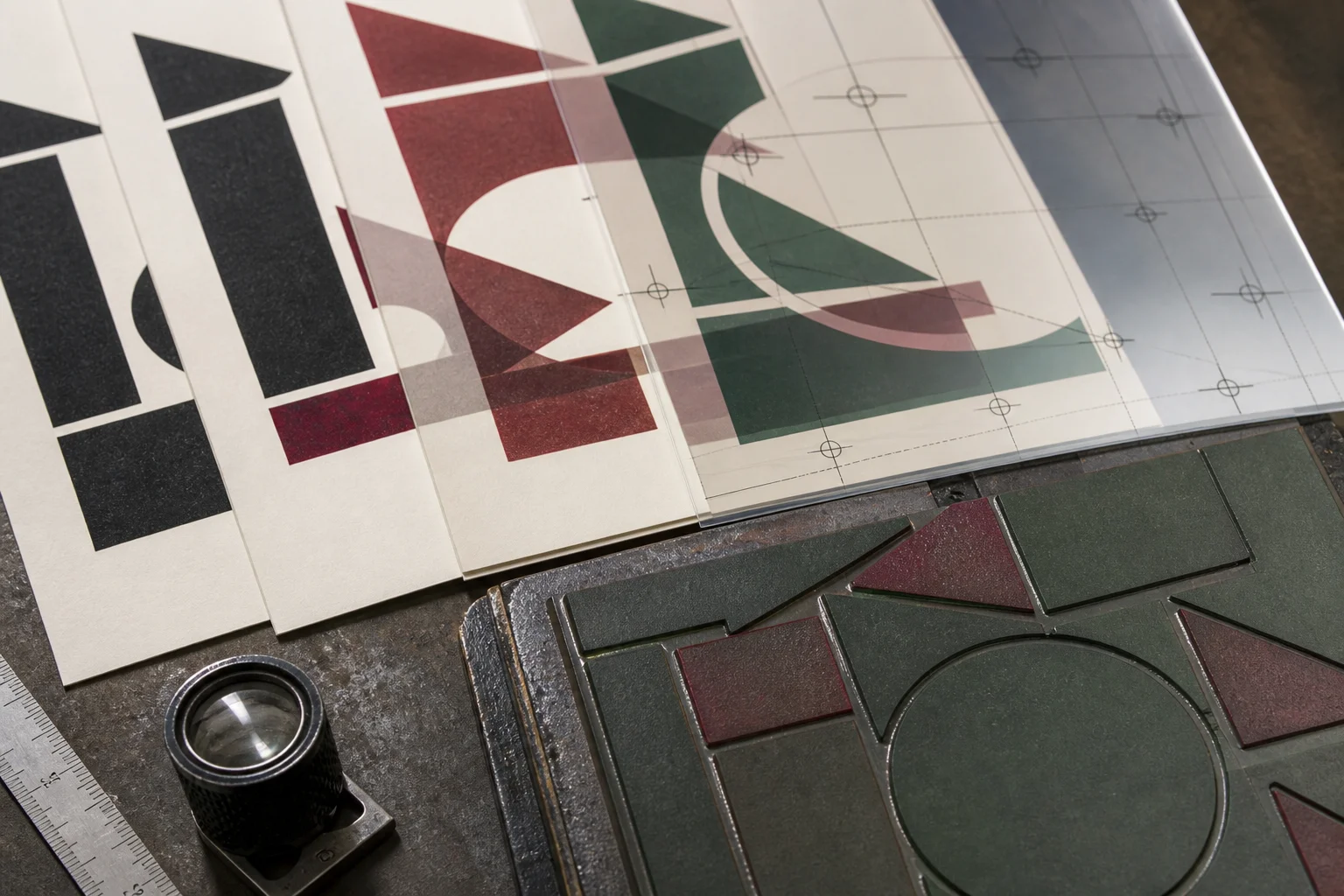 Spot-color separations and registration overlays aligned over a letterpress plate