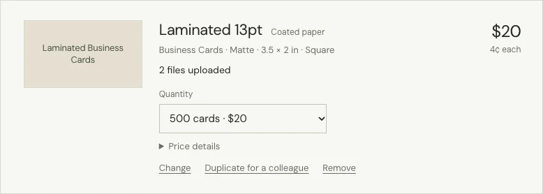 A business card line in the cart, with its quantity list and the Change, Duplicate for a colleague and Remove links