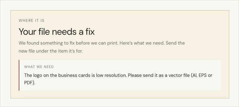 The order page when a file needs a fix, with what we need written out