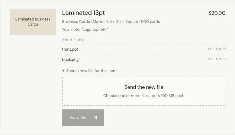 An item on the order page with its files and a box to send the new file