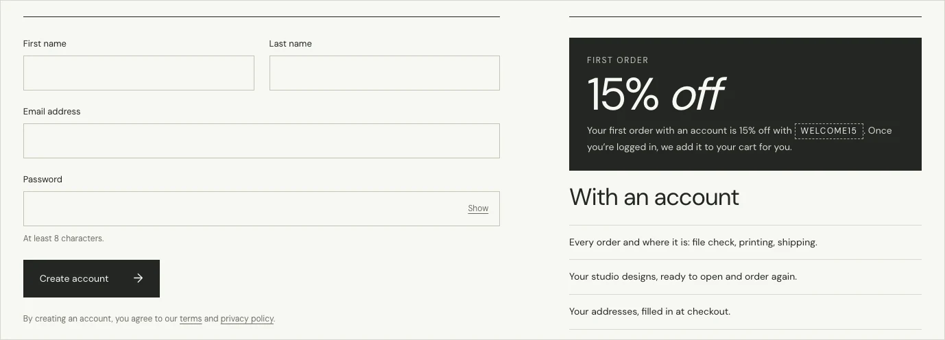 The sign-up form with first name, last name, email address and password, next to the 15% first-order offer