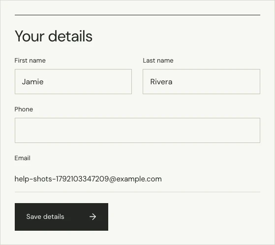 Your details in the account: first name, last name, phone, the email address shown without a field, and Save details